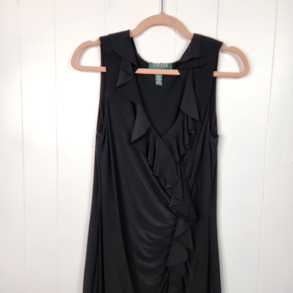 Ralph Lauren Black Dress Ruffles Sleeveless Stretchy Bodycon V-Neck Size 8 - Picture 2 of 10